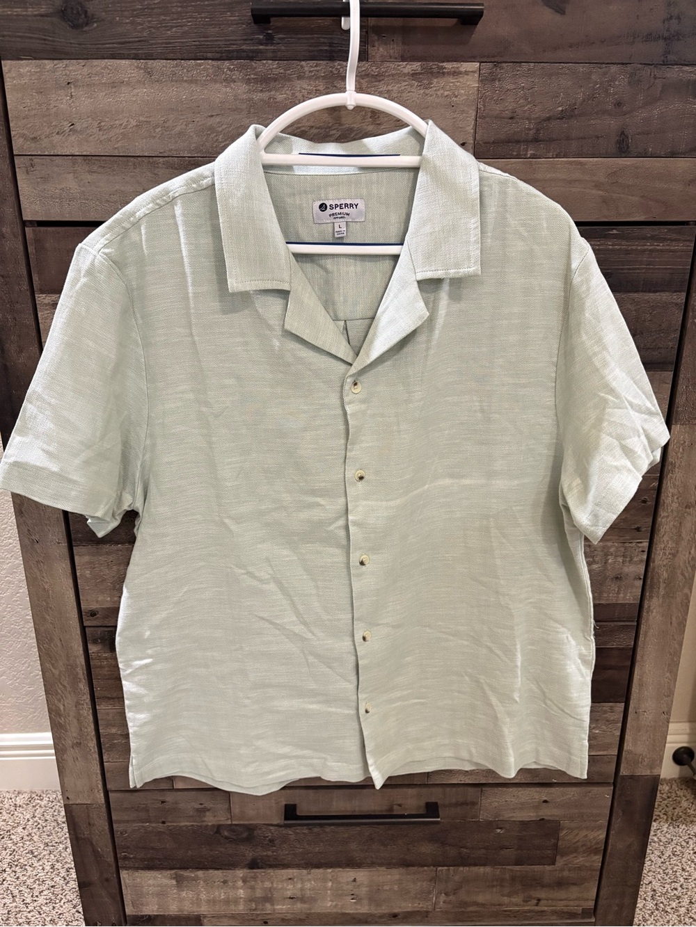 Sperry Men’s Light Green Textured Camp Collar Shirt — Size L